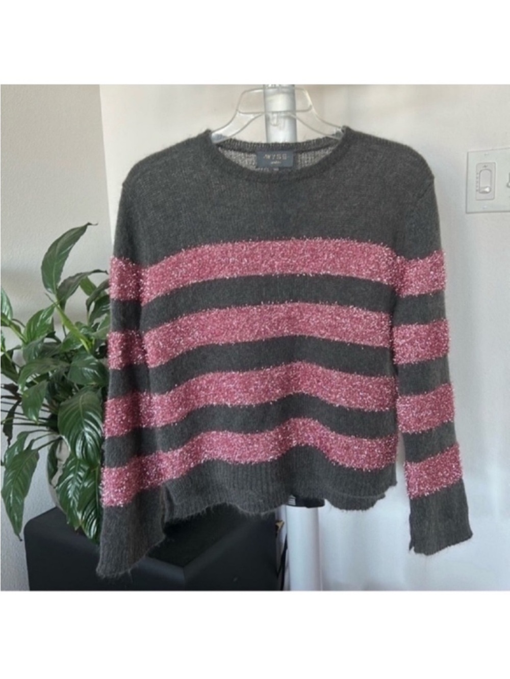 WYSE London Knit Wool Mohair Blend Sweater Sz M/L Striped Gray Pink Sparkly